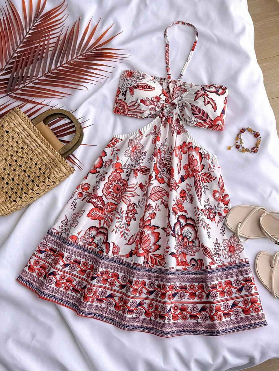 SHEIN Teen Girl Red & White Vacation Positioning Print, Halter Neck Hollow Out Cinched Waist Casual Vacation Dress