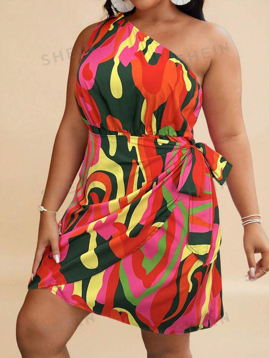 Travachic Vestido de verano con estampado todo sobre, un hombro, nudo lateral y dobladillo envolvente para tallas grandes