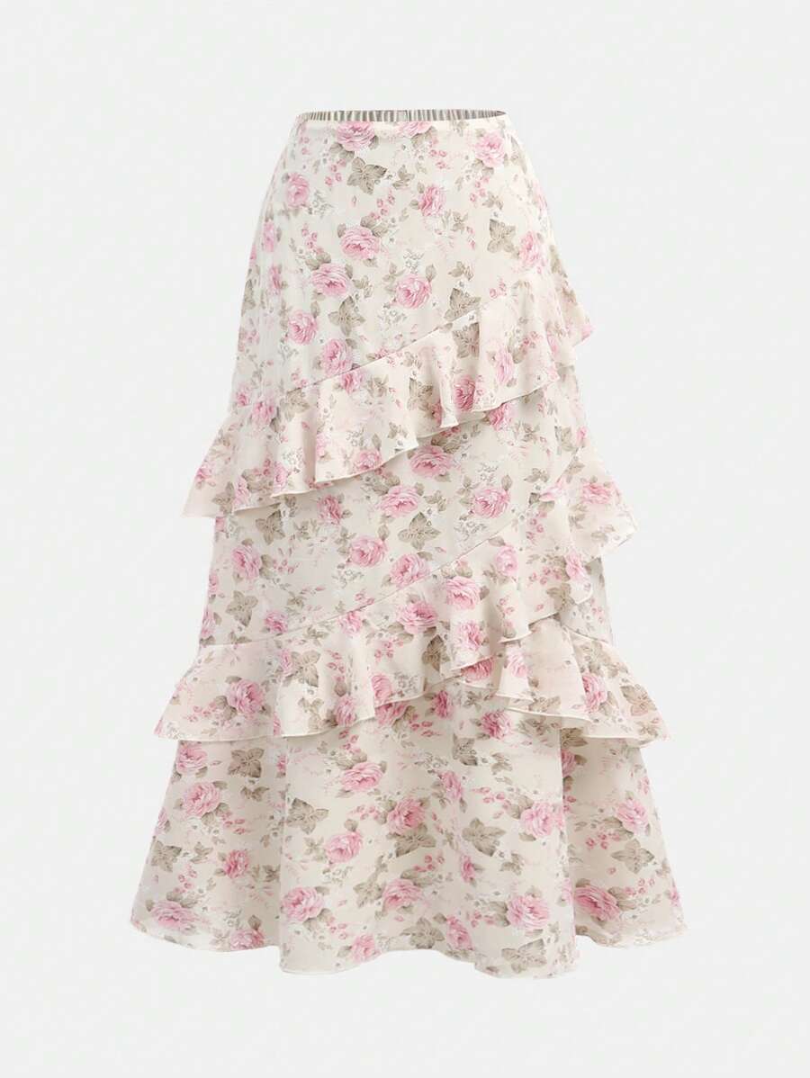 SHEIN Girlism Jupe à volants multicouches avec imprimé floral rose sur blanc, convient pour le printemps et l'été, sous-vêtements pour l'automne et l'hiver, imprimé pour les vacances, mignonne et douce