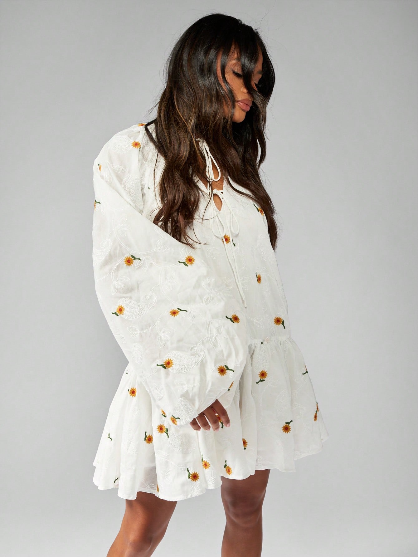 Embroidered Boho Mini Smock Dress With Balloon Sleeves