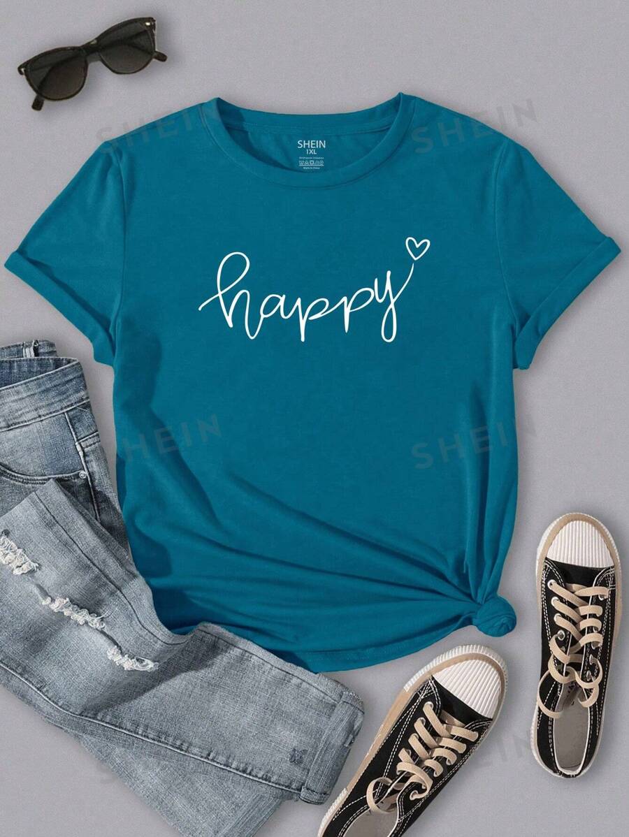 SHEIN LUNE Camiseta casual de manga corta con estampado de corazón y texto para mujer de talla grande
