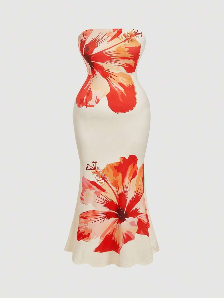 SHEIN MOD Plus Size Apricot Romantic Elegant Floral Halter Mermaid Dress,Beach Dress Sundress,Holiday Outfits Boho