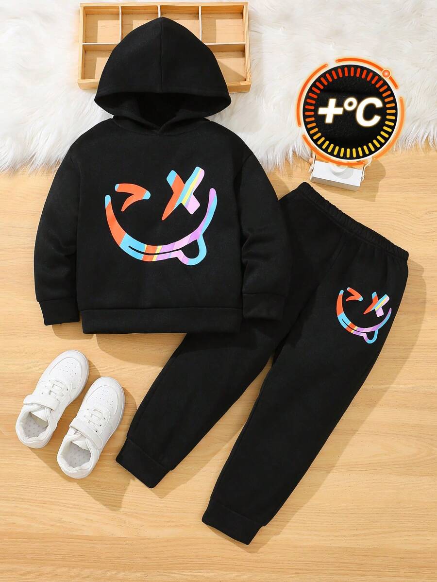 2 pièces Ensemble sweat-shirt à capuche et pantalon décontracté, décontracté et confortable pour garçons, avec des motifs d'expression amusante. Convient pour les voyages, l'école et les rassemblements quotidiens. Tenues essentielles d'automne et d'hiver pour la rentrée scolaire
