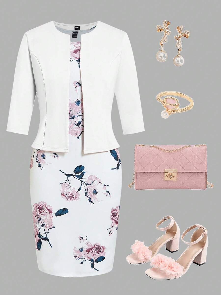 Ellevyn 2pcs Set: Women's Elegant Floral Print Bodycon Dress And Pink Knit Mid-Sleeve Cardigan, Suitable For Dates, Commute, And Daily Wear
