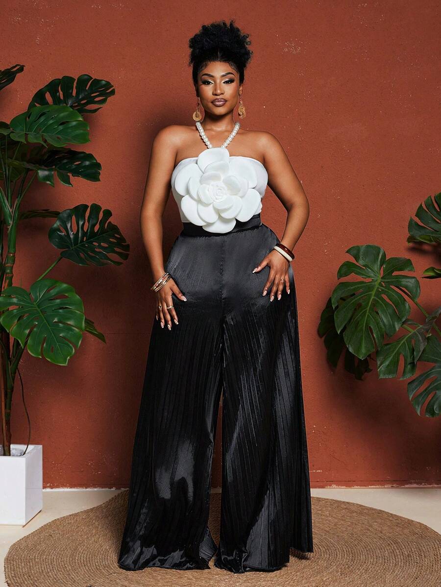 Maweii Tuta elegante con scollo alla halter, motivo floreale, dettagli in perle, ideale per eventi serali, abito da donna taglie comode