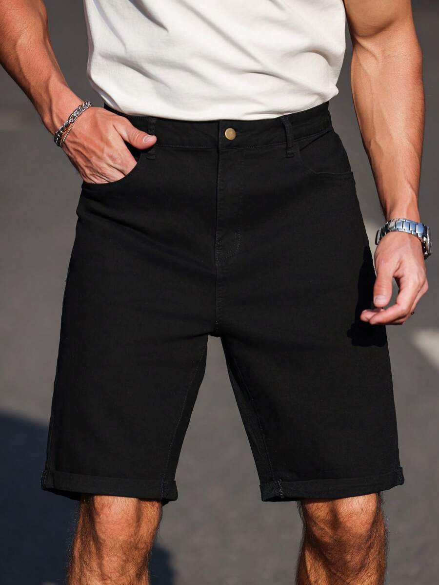 Manfinity Homme Pantalones cortos vaqueros casuales versátiles lisos para hombres de tallas grandes