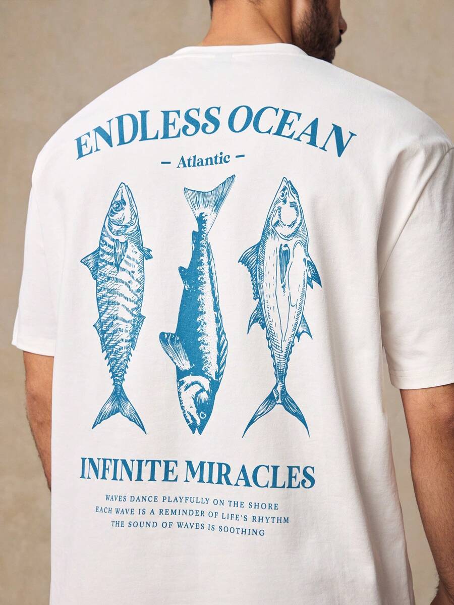 HIMLAND HIMLAND Men's Casual Fish Graphic Print Loose Drop Shoulder Crew Neck Short Sleeve T-Shirt, Suitable For Outdoor, Home, Dating, Beach, White Men Shirt, Graphic Shirts, Summer Men Shirts, Funny T Shirt, Men Summer Clothes, Matching Outfits Couples, Men Gifts, Oversized BeachT-Shirt, Spring Tops