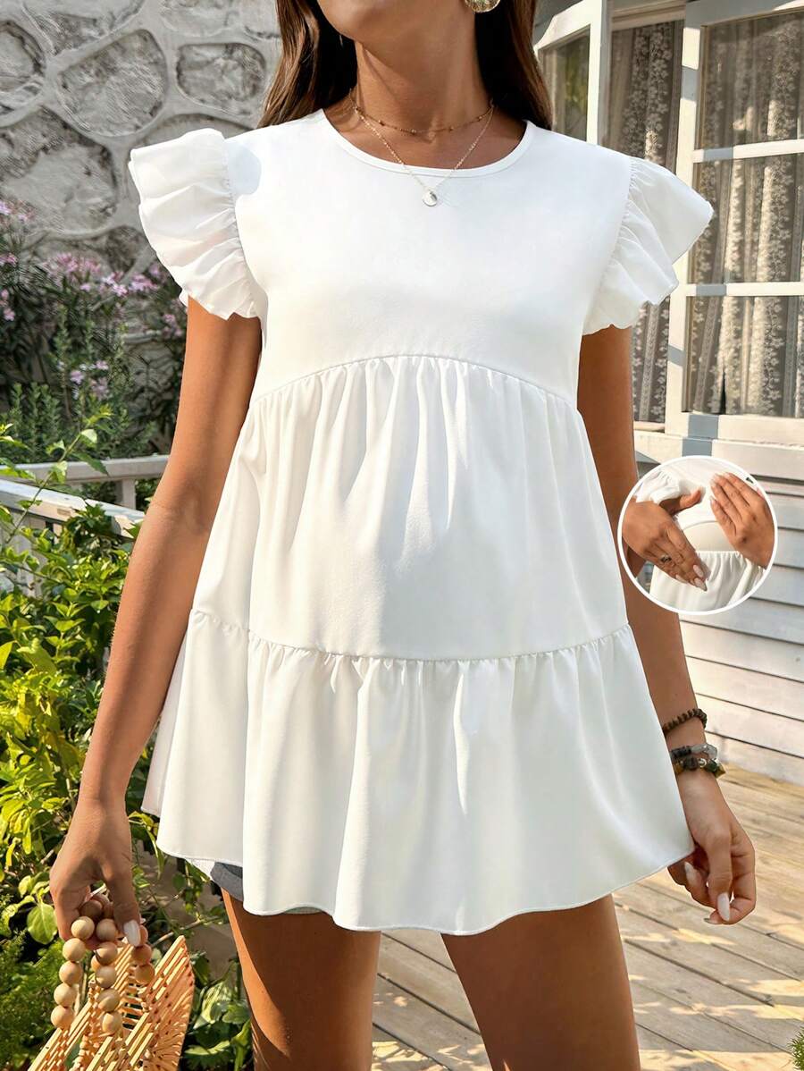 SHEIN Blusa de maternidad para amamantar cómoda y con volantes en las mangas, de múltiples capas
