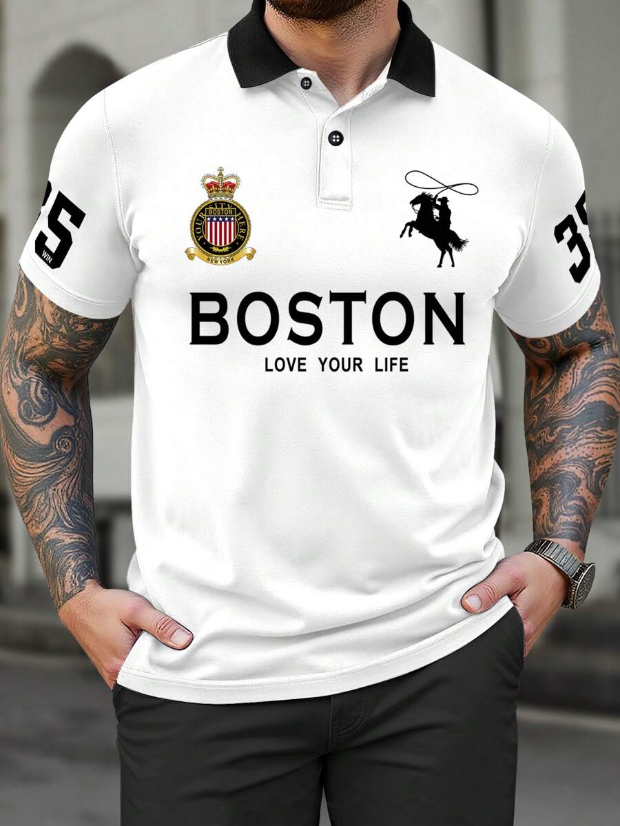 Manfinity Mode Plus Size Men's Summer Slogan Print Short Sleeve Casual Polo Shirt, Suitable For Office & Daily Wear, Graphic Color Block Golf Shirt