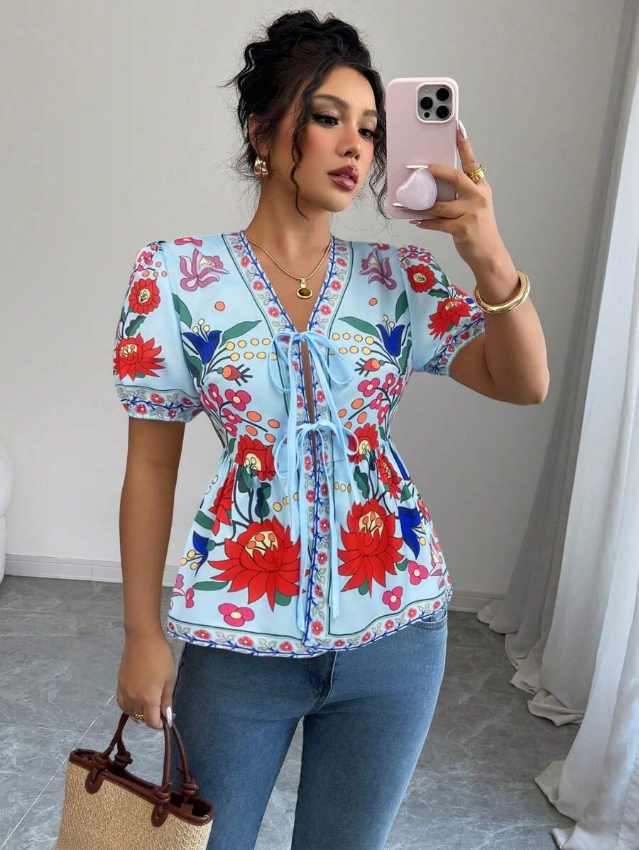 Elenzga Camisa informal con estampado floral y cordón para mujer de vacaciones