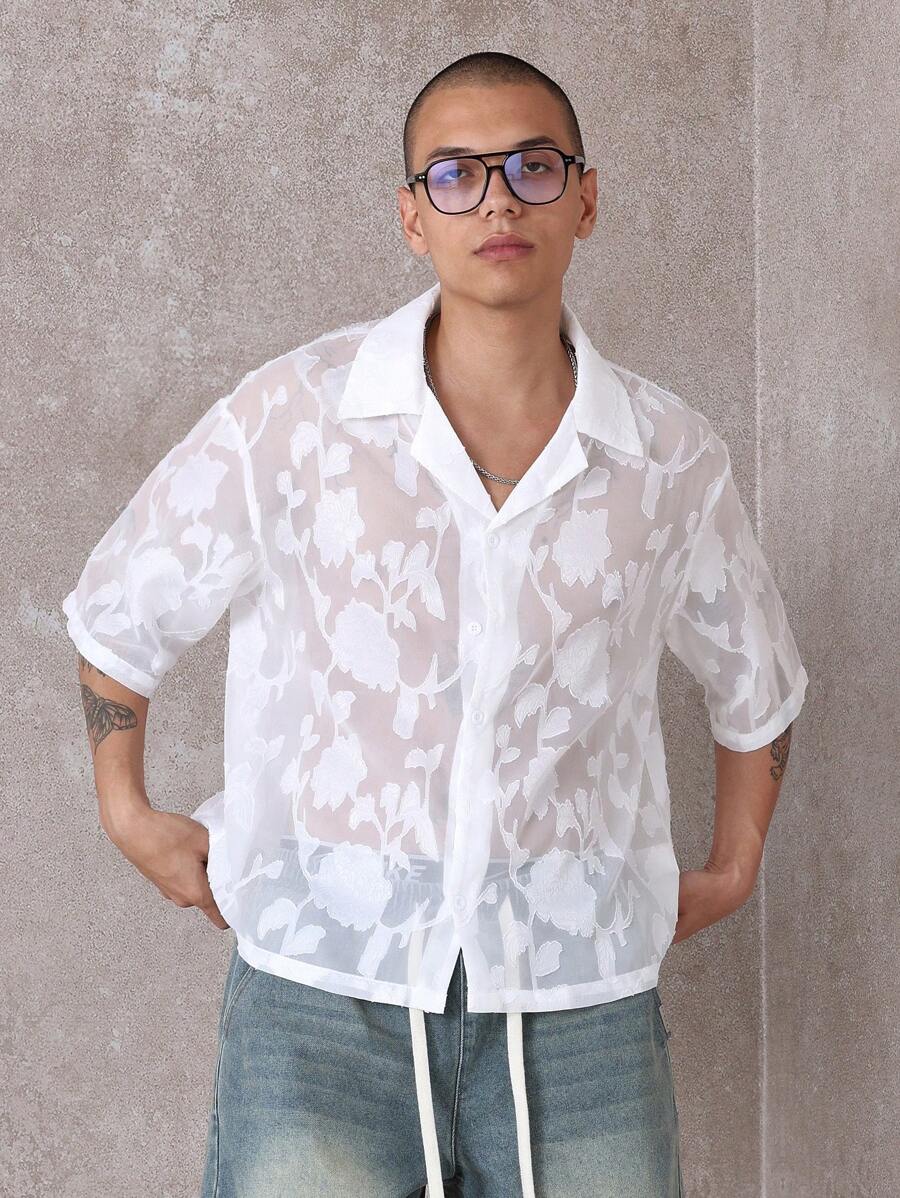 SUMWON Floral Burnout Resort Shirt Relaxed Fit Button Down Semi-Sheer Beach Wedding Summer Party Holiday Designer Vacation Wear Textured Short Sleeve