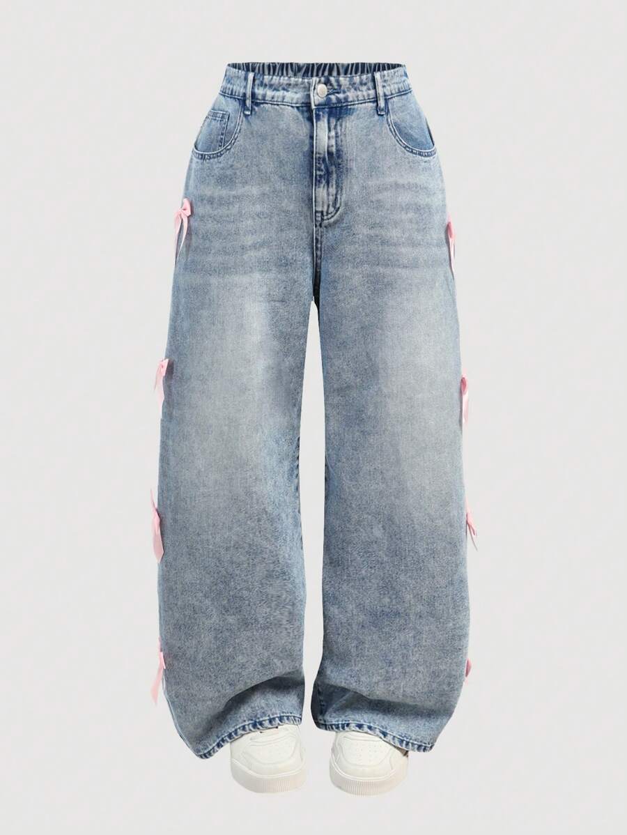 SHEIN MOD Plus Size Casual Loose Fit Bowknot Sweet Blue Jeans, Blue Homecoming Jeans, Party Women Bow Jeans, Wide Leg Women Pants, Baggy Women Pants