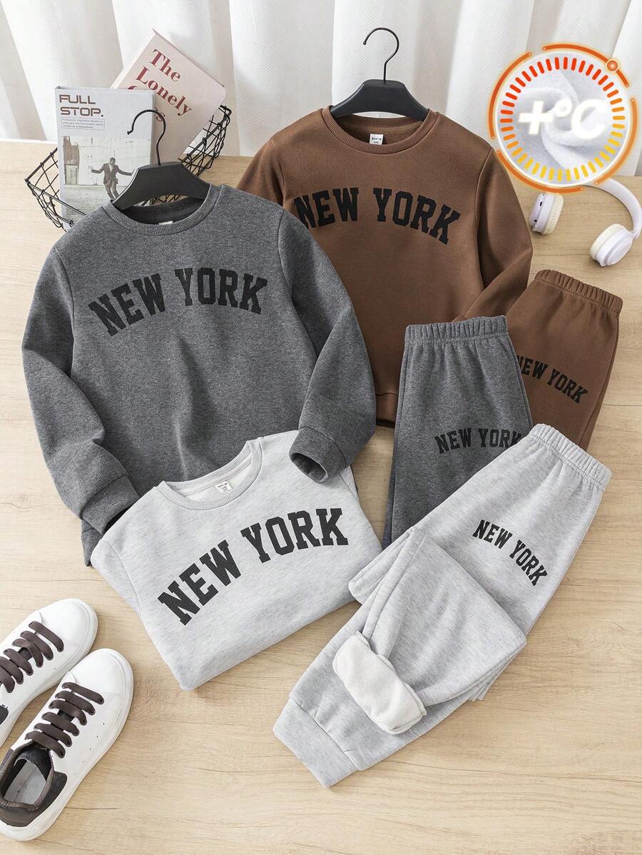 6 stuks/set Tween Boy Letter Printed Crewneck Sweatshirt en Broek