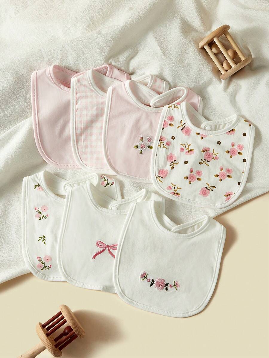 Set de 7 baberos para bebé, paños para eructar con estampado floral y de lazo, transpirables y absorbentes, para bebés niñas, primavera/verano