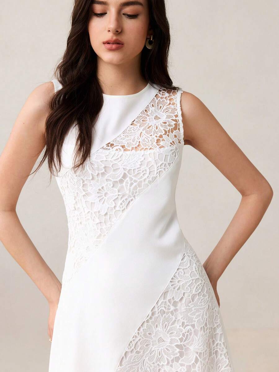 BizChic Nuovo arrivo Abito lungo senza maniche bianco per donna, elegante per lavoro, appuntamenti, pendolarismo, vacanze, stagione di matrimonio, con inserti in pizzo francese