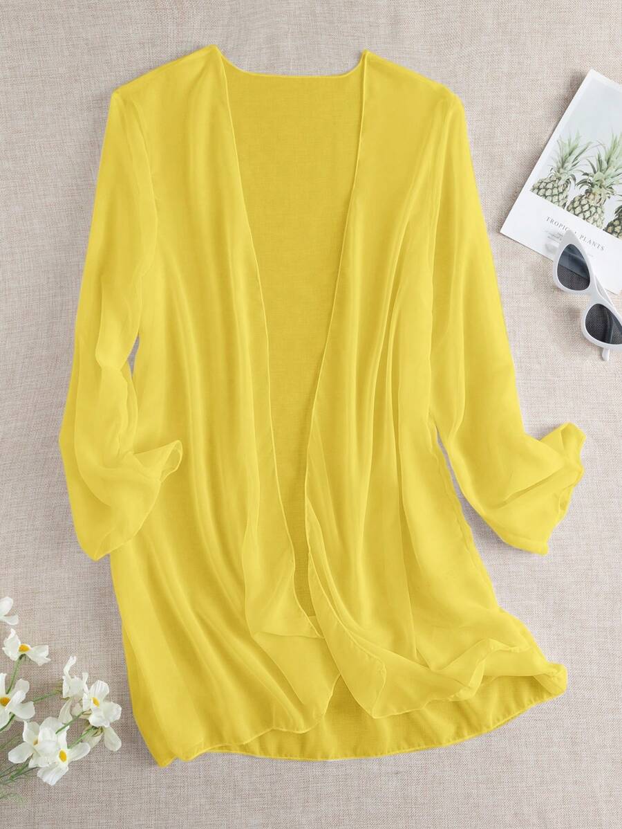 Swim Vcay Women's Solid Color Long Sleeve Open Front Loose Kimono Cover Up, Suitable For Vacation