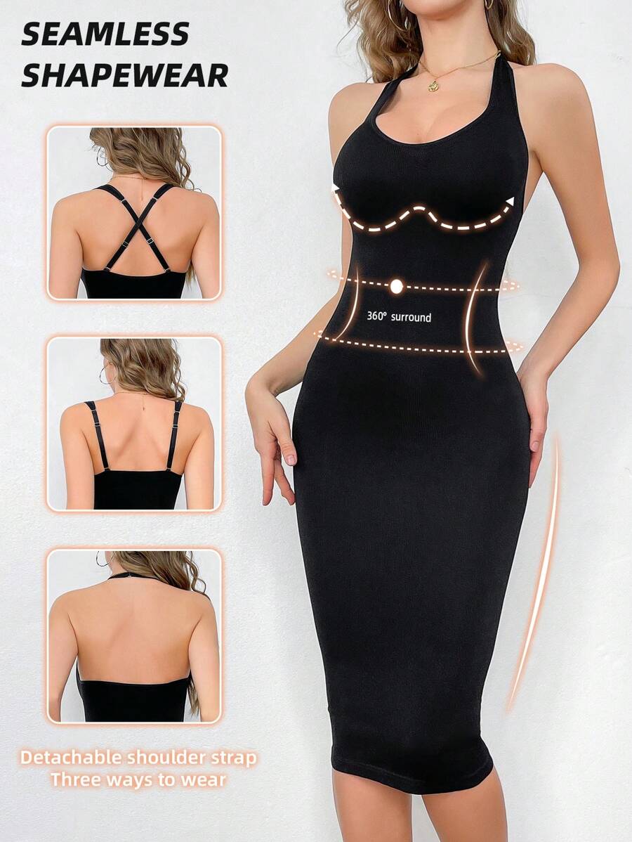 Vestido ajustado sin espalda de unicolor con cuello halter sin costuras para mujer