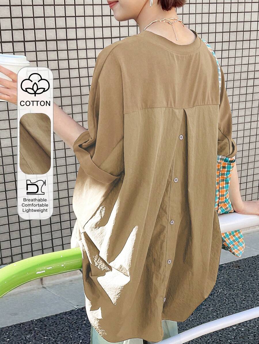 FRIFUL Women's Casual Cotton Breathable T-Shirt With Round Neck, Short Sleeves, And Button Back Detail For Everyday Comfort