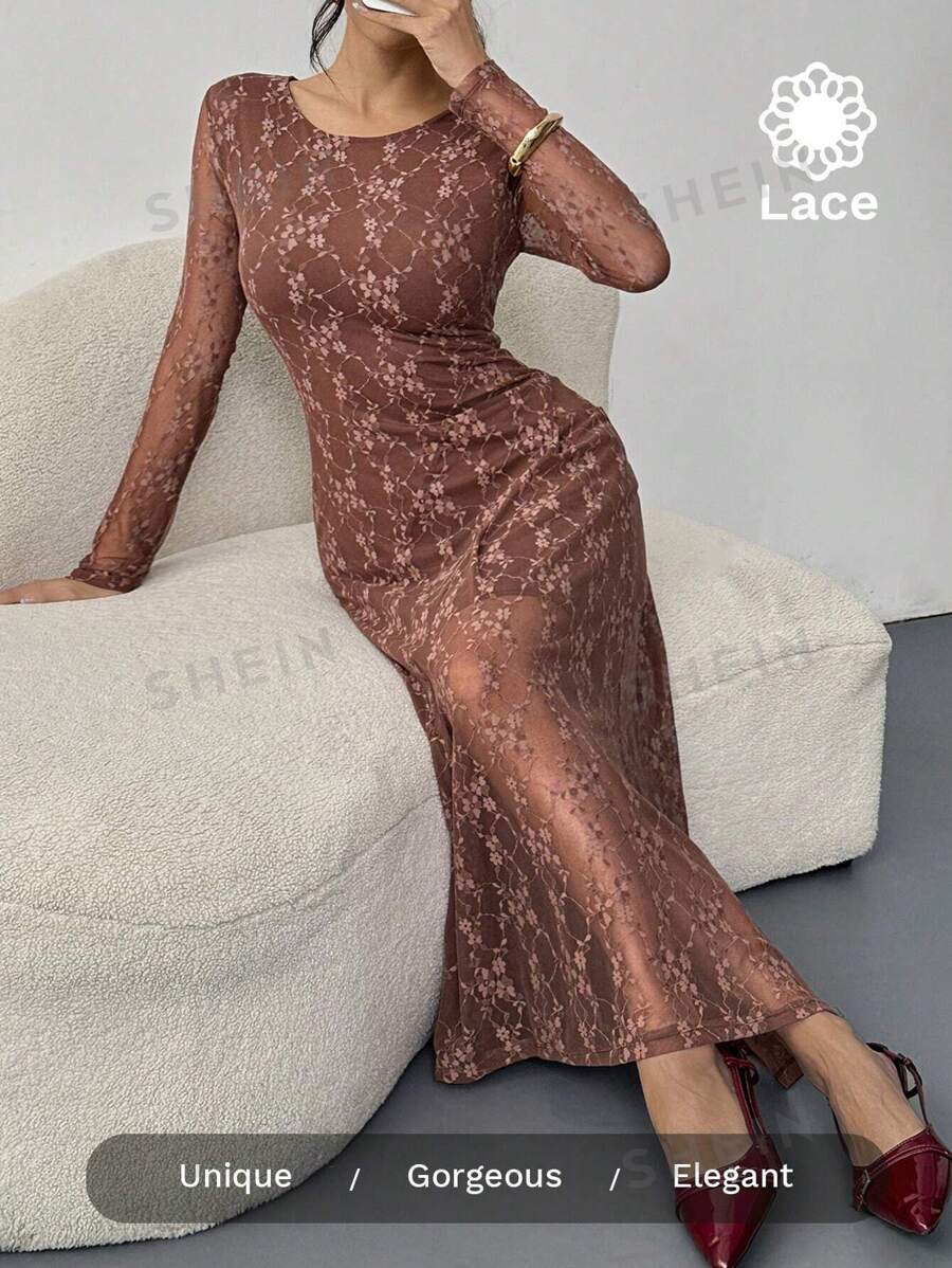 SHEIN Essnce Vestido de invitada de boda casual de verano 2025 - Vestido maxi de encaje de estilo boho chic de manga larga con forro, ocasión casual de playa o iglesia, bordado de flores color marrón chocolate, inspirado en el estilo Y2K para vacaciones y resort para mujeres