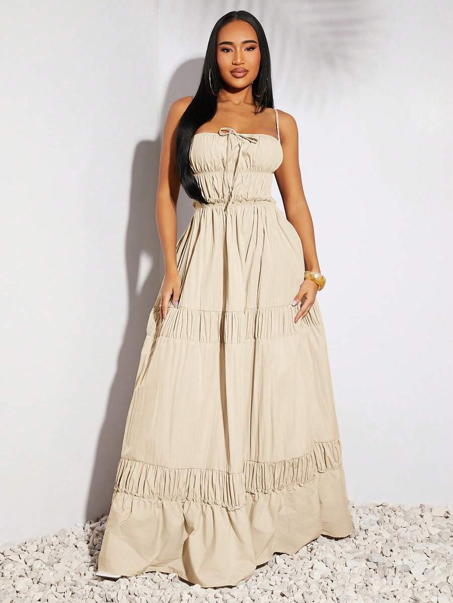 SHEIN SXY Vestido largo elegante con diseño de halter con pliegues y corte en A, de estilo occidental, de tela de lino sintética de color gris topo, para mujer, ideal para primavera, verano, vacaciones, boda, Día de San Valentín