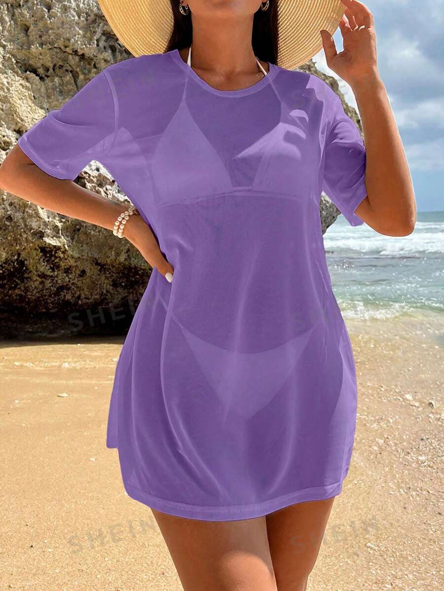 Swim Vcay Vestido casual holgado de cobertura con cuello redondo de unicolor para mujeres