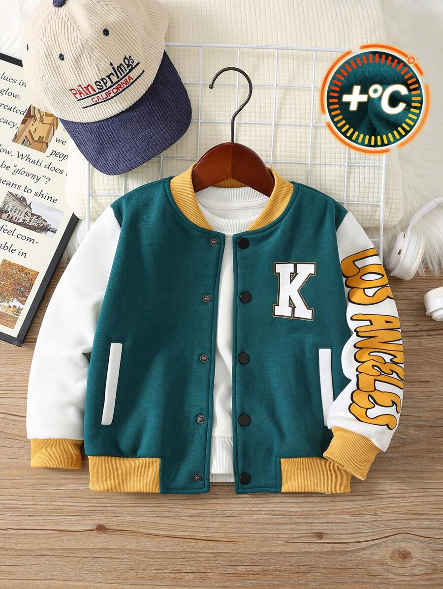 Jaqueta de beisebol com estampa de letras, solta e confortável, casual, para meninos, roupa bomber, adequada para roupas infantis, roupas para meninos, conjunto de volta às aulas, para uso diário, escola, viagens, esportes, temporada outono/inverno