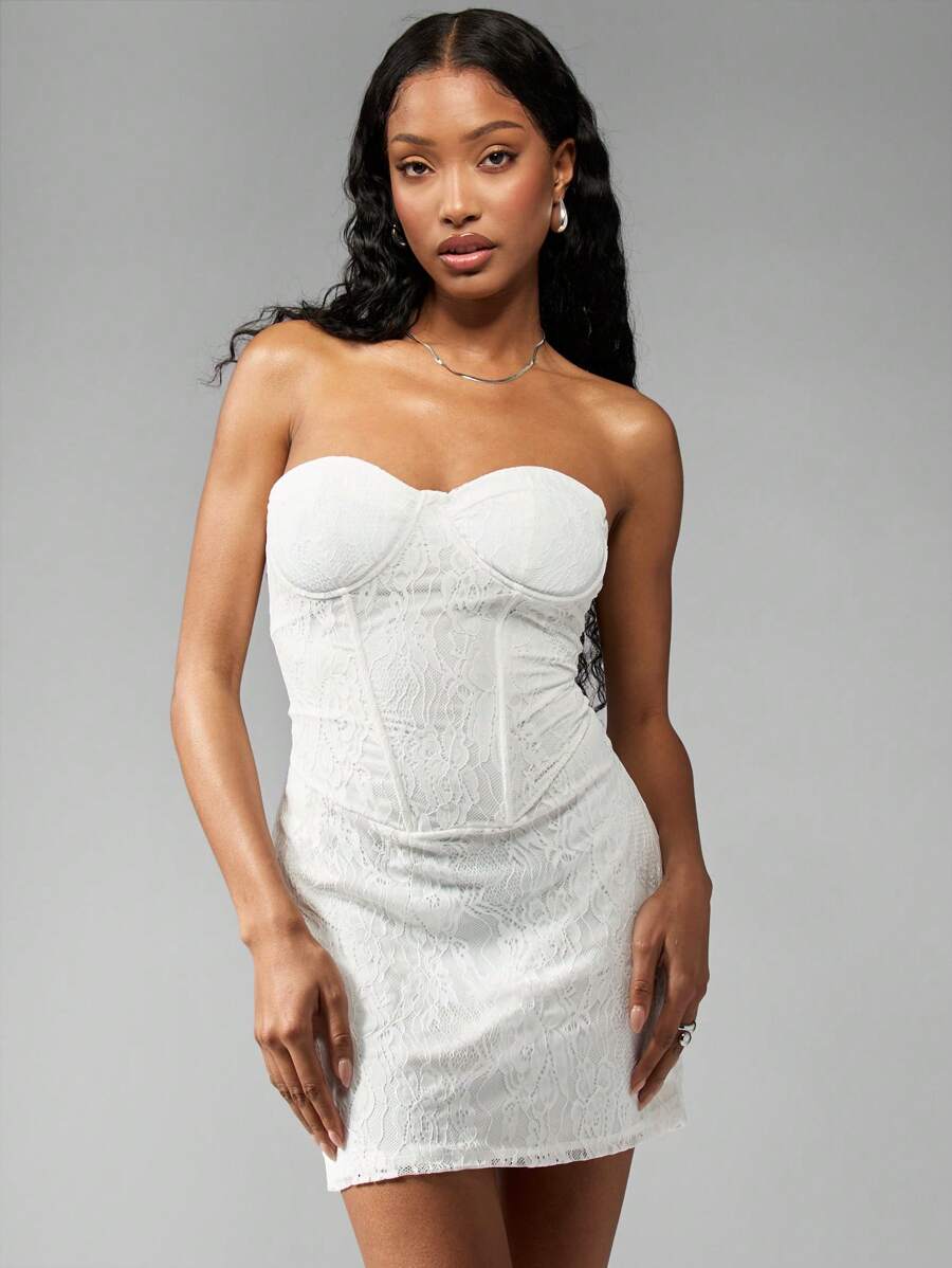 MISSGUIDED Lace Corset Mini Dress Strapless Sweetheart Neckline Wedding Reception Bridal Shower Party Bachelorette Special Occasion Elegant Fitted Bustier Design