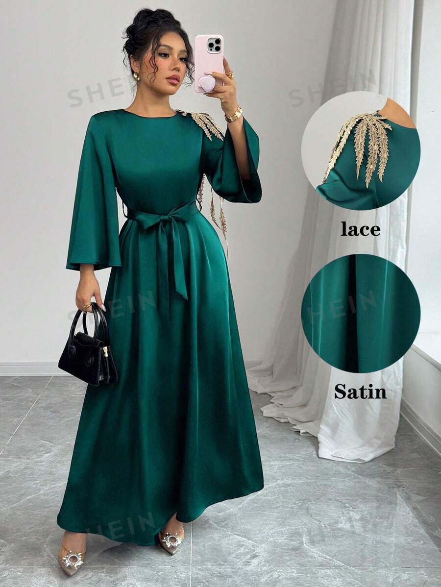 Chiquease Vestido largo de satén suelto con mangas largas, talle ajustado y aplicación floral, estilo árabe abaya, unicolor, elegante, para uso diario, Ramadán