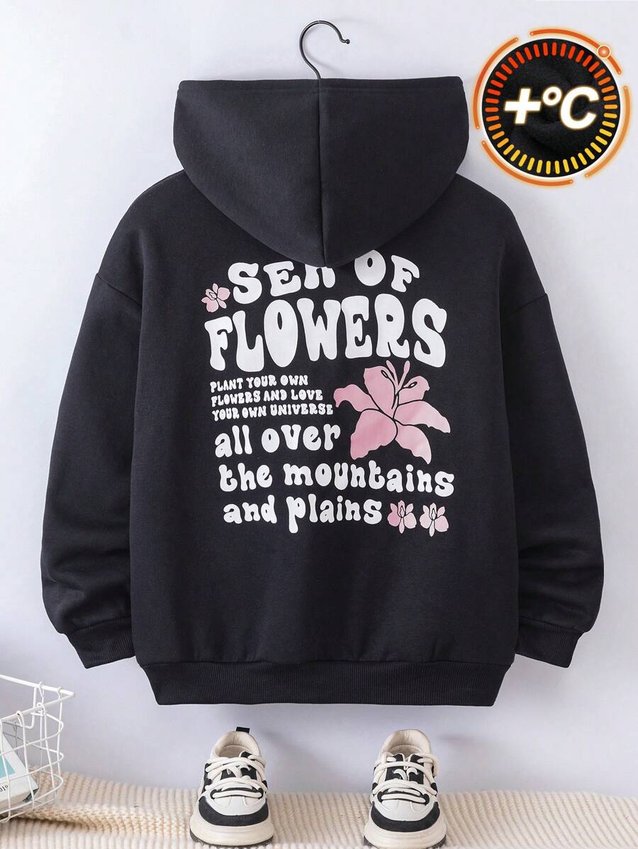 SHEIN Tween Girl Casual Graphic Print Hooded Sweatshirt