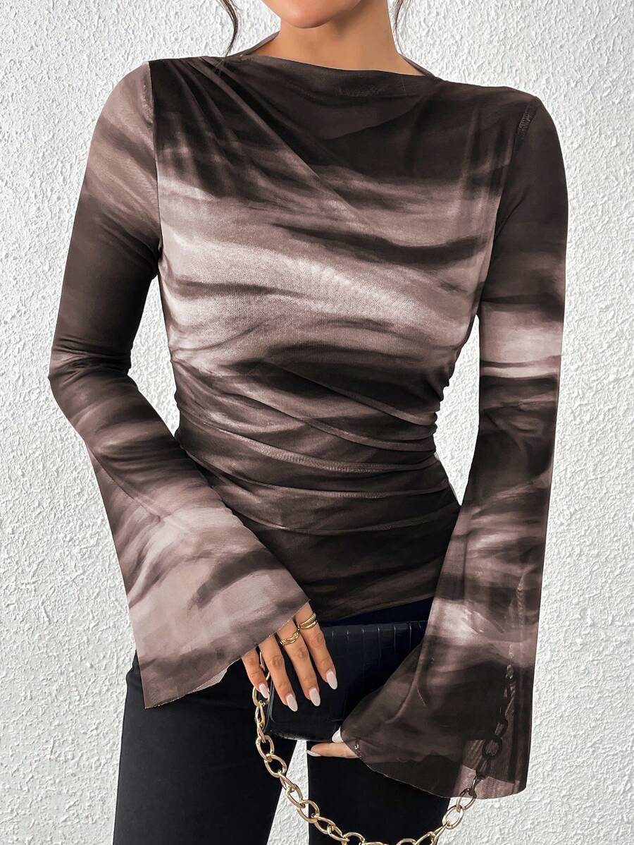 Chiquease Women's Autumn/Winter American Vintage Tie-Dye Mesh Printed Form-Fitting Ruched Decor Long Sleeve Base T-Shirt For Spring