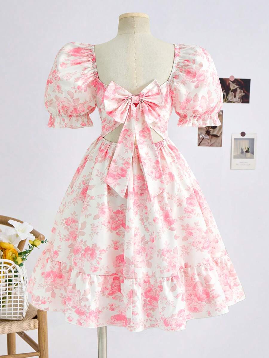 SHEIN Adolescent fete cu mâneci bufante în talie înclinată în formă de A, fără spate, cu decor cu fundă, rochie de vacanță ocazională cu imprimeu floral, primăvară și vară