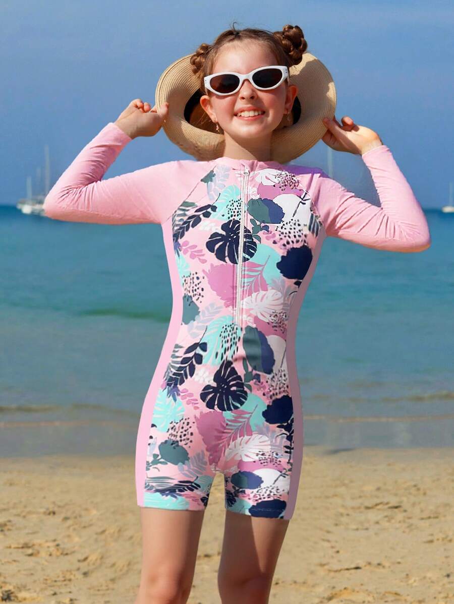 Traje de baño de una pieza con cremallera y manga larga, protección solar, estilo de vacaciones para niñas jóvenes