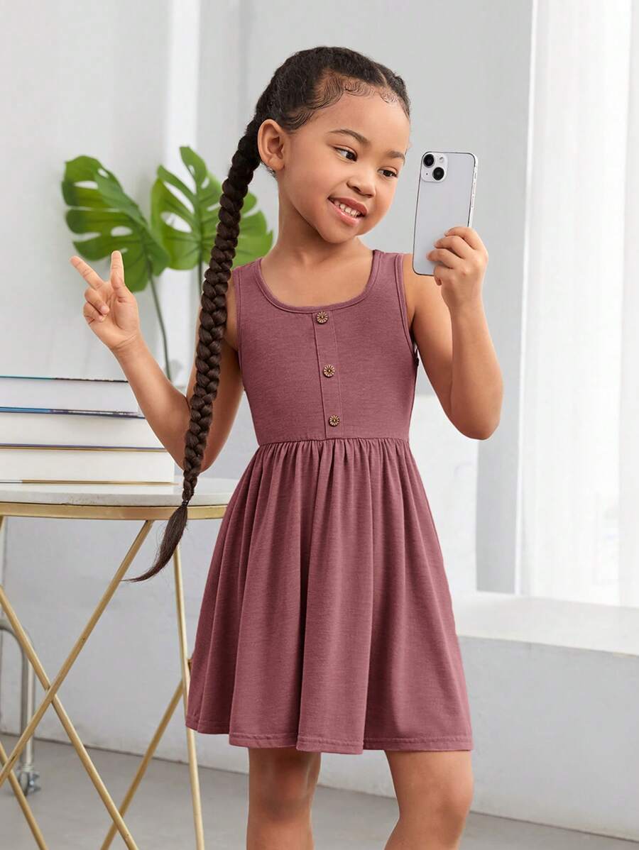 SHEIN Young Girl Casual Solid Color Knitted Sleeveless Dress For Spring/Summer Wear