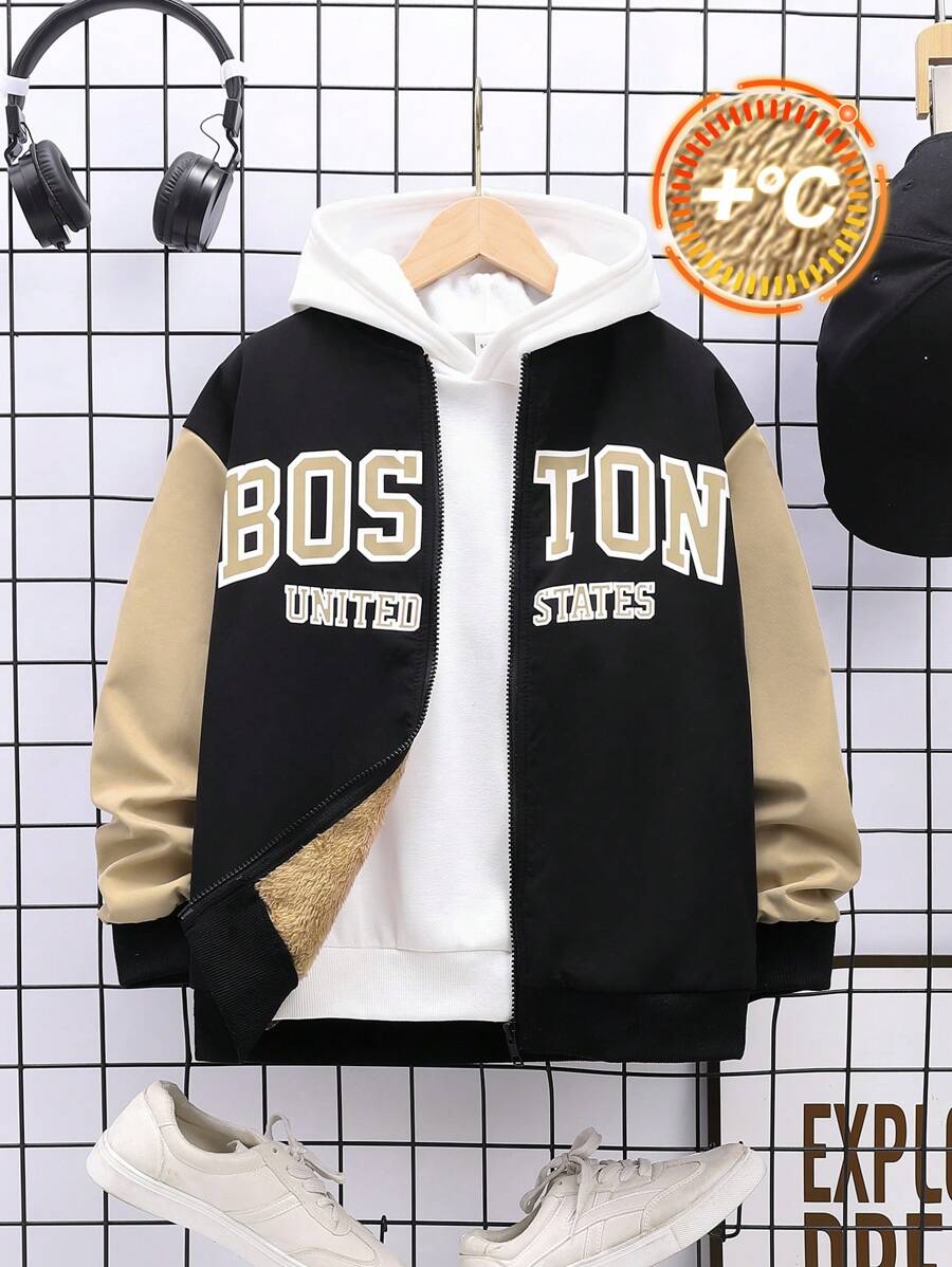 Tween Boys' Casual Letter Print Hooded Jacket, Suitable For Commuting, School, Daily Casual And Sports Wear, Fit For Autumn/Winter