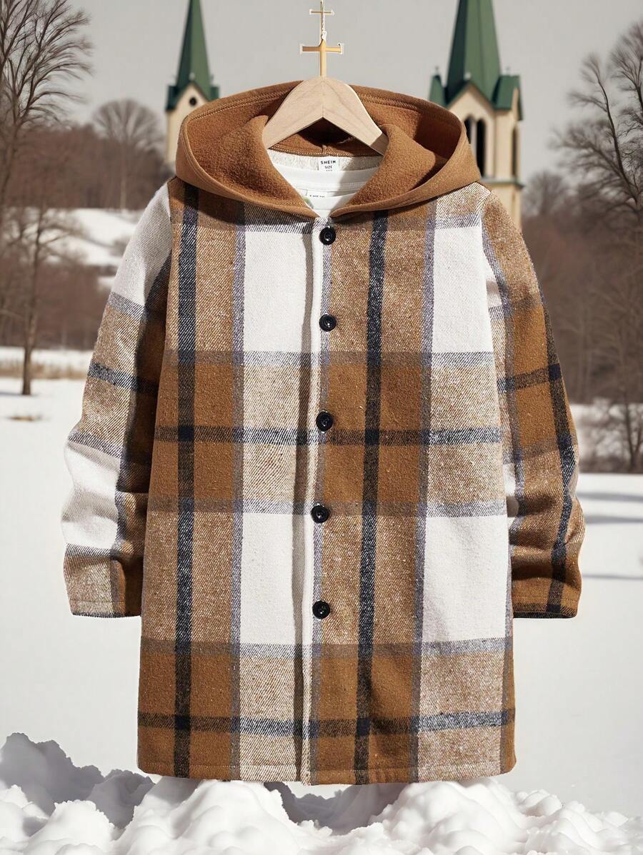 Karierte, gefütterte Kapuzenjacke für Tween Jungen, geeignet für den Weg zur Arbeit, die Schule, den Alltag, den College-Stil, Sport, Herbst und Winter