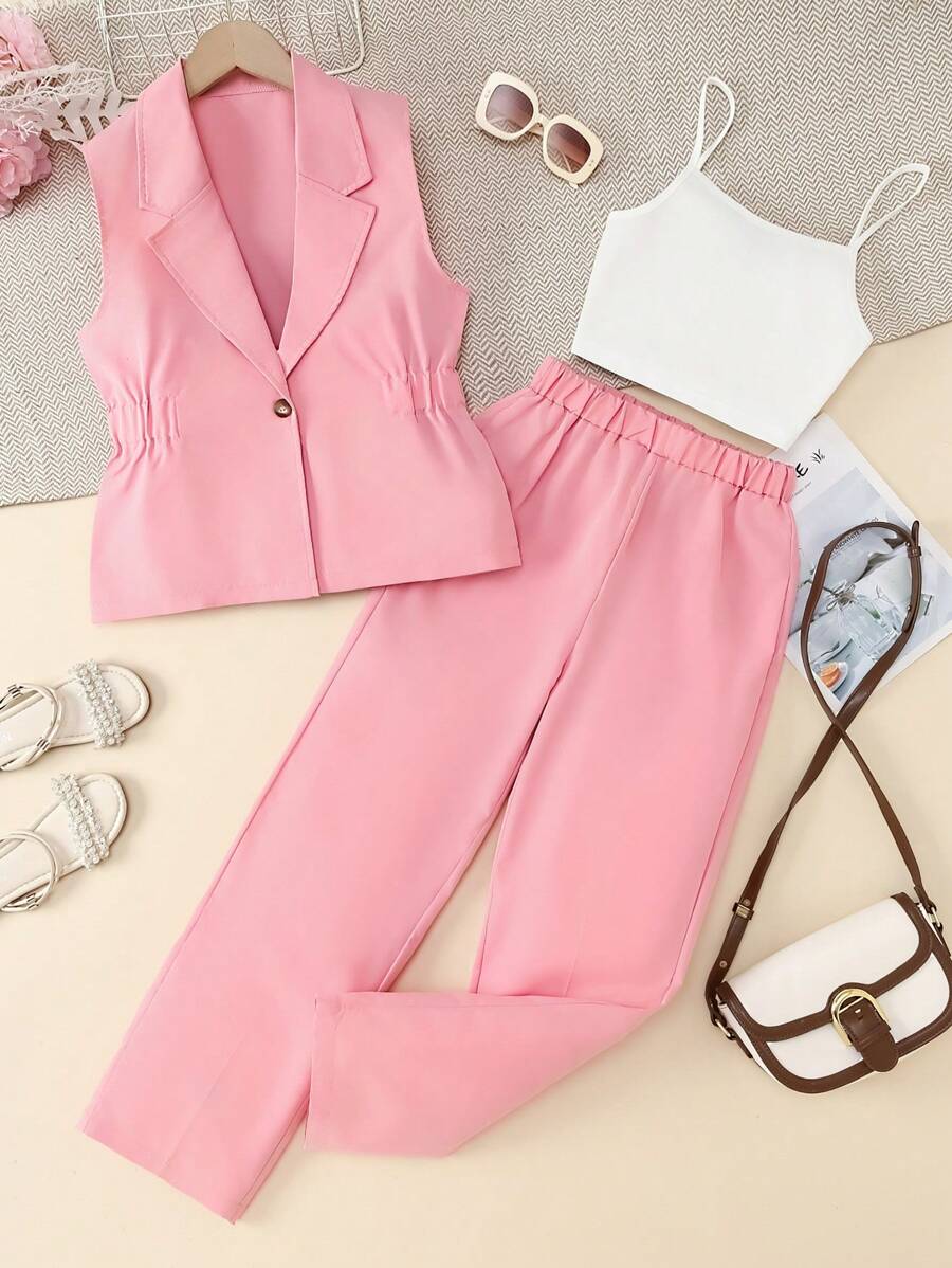 Teen Girl Solid Color Sleeveless Vest Camisole & Long Pants Suit, Spring Formal Set