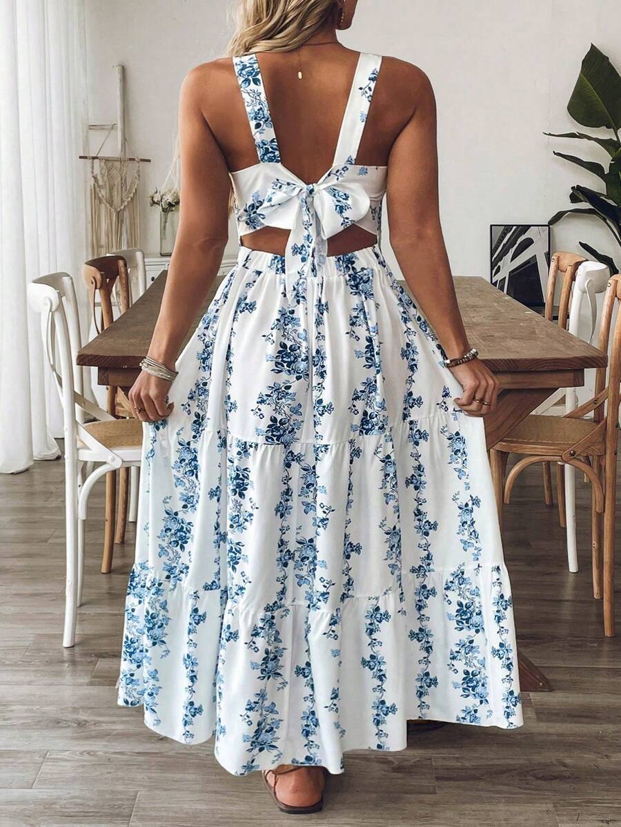 SHEIN Holidaya Plus Size Women Blue & White Print Waist Shaping Vacation Daily Casual Commuter Strap Midi Dress