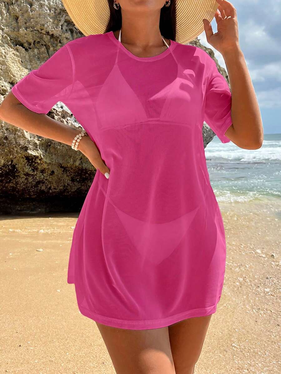 Swim Vcay Women's Solid Color Short Sleeve Round Neck Cover Up, Fashionable For Summer
