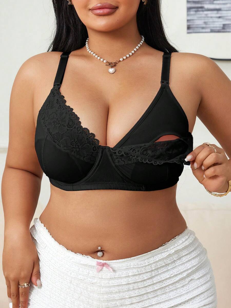 BloomMama Reggiseno per gravidanza taglia forte con gancio, con stecche, in pizzo a patchwork, con design adatto per l allattamento
