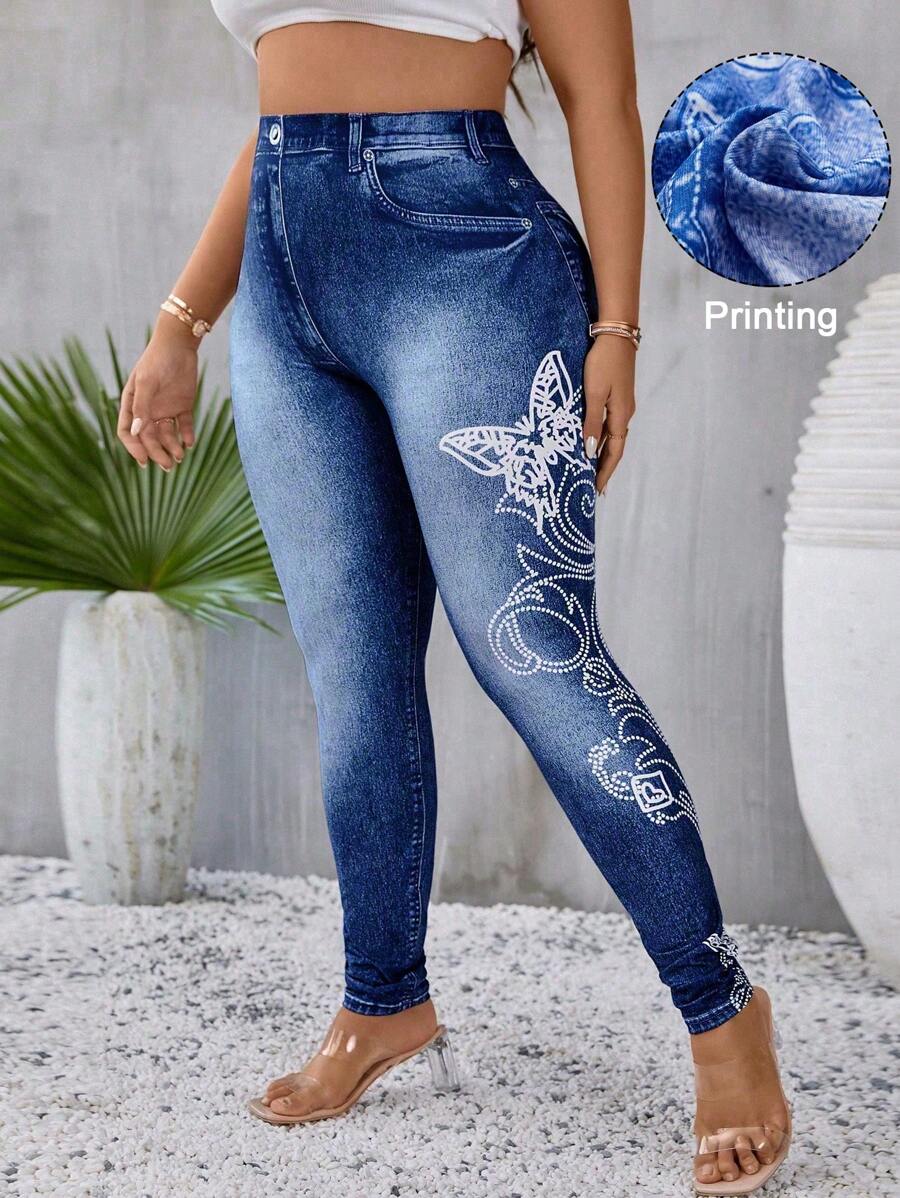 Leggings efecto denim con estampado & con estampado de mariposa
