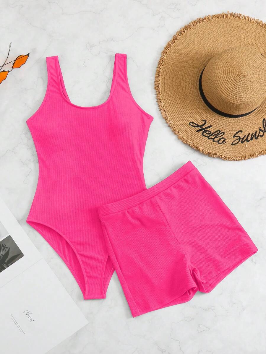 SHEIN Swim 1pc Women Solid Color Casual One-Piece Swimsuit With Shorts, Vacation