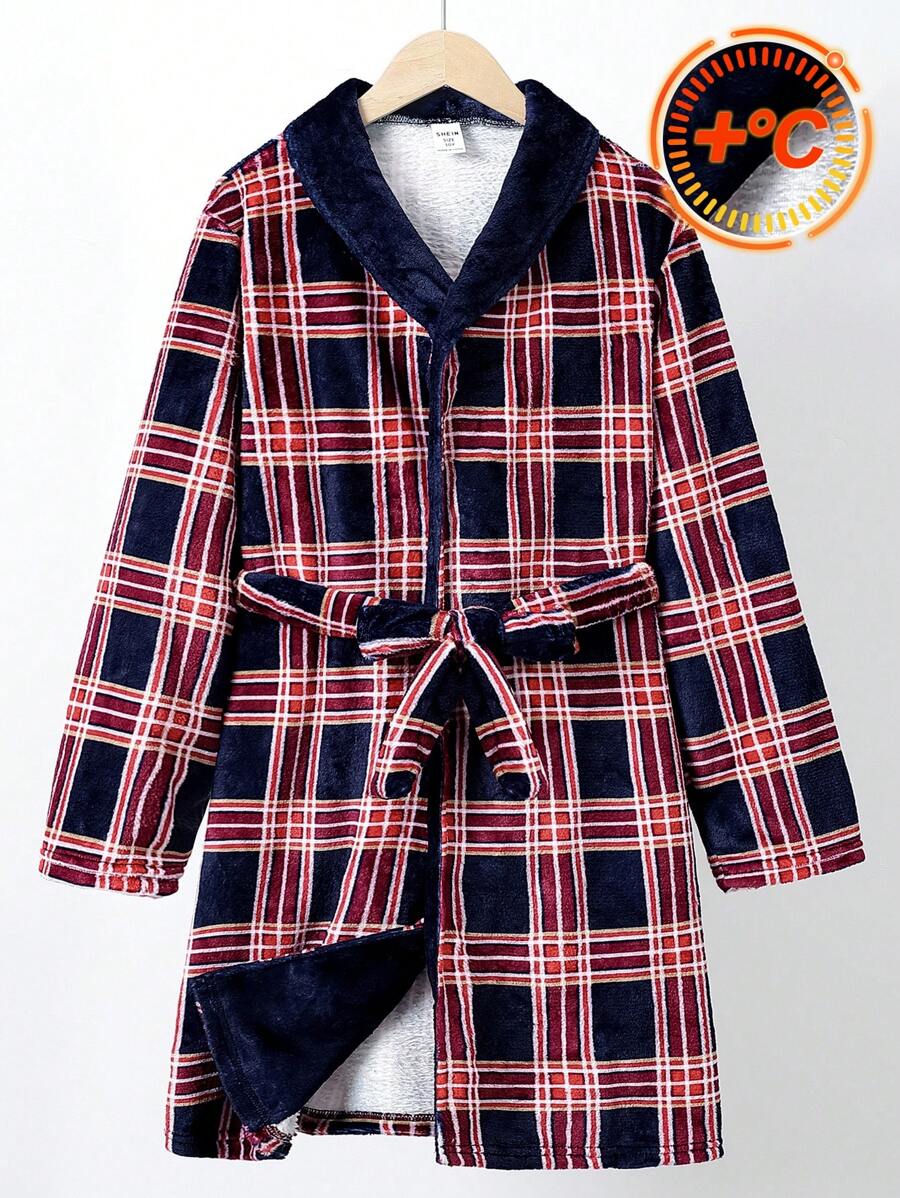SHEIN Tween Boys' Plaid Belted Homewear