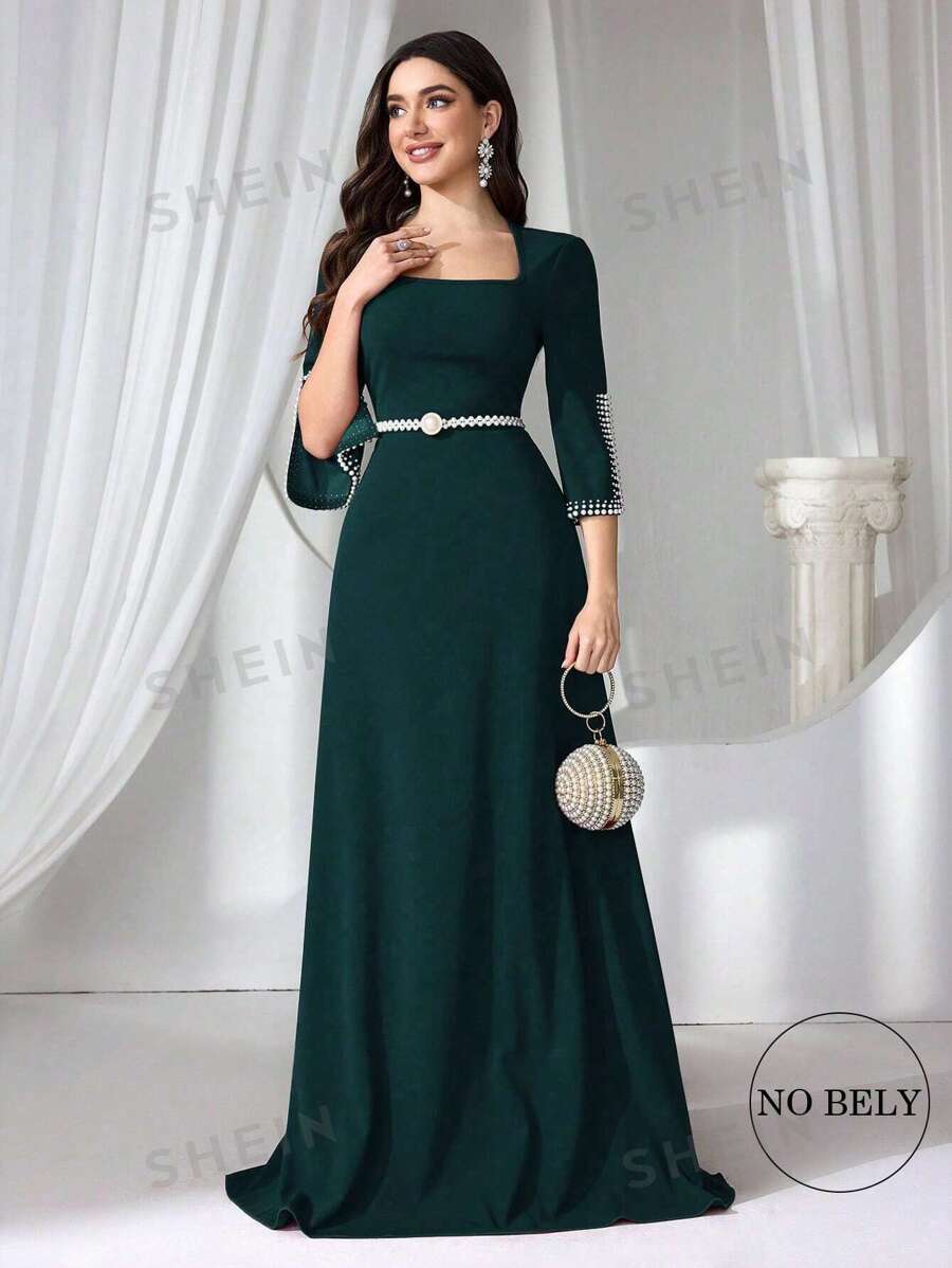 Coutiva Vestido elegante de noche de mujer con falsa perla y punto verde, vestido de fiesta, vestido de invitada de boda