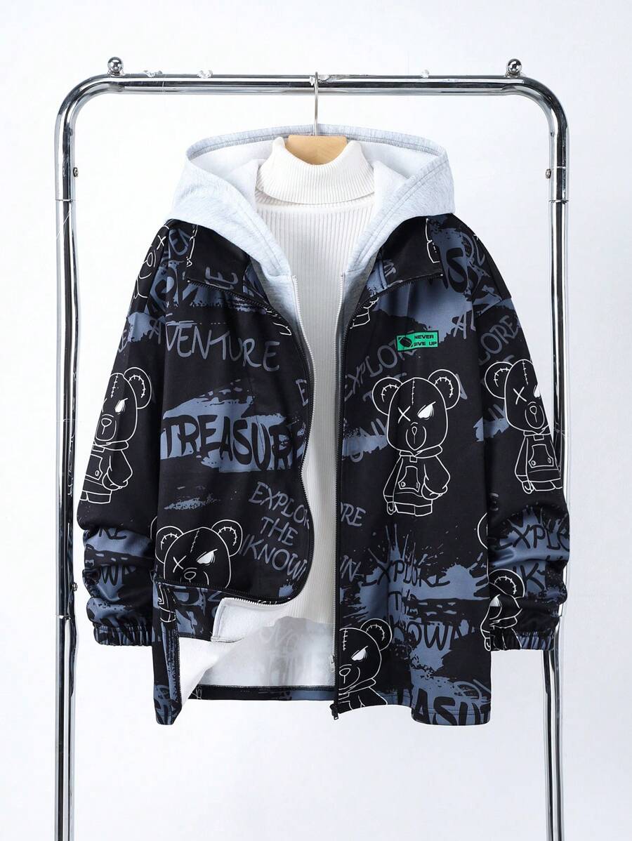 SHEIN Chaqueta con capucha forrada térmica con texto en inglés y estampado de oso para adolescentes varones, apta para otoño, invierno, para mantener el calor, para la escuela, el hogar, casual, el gimnasio, fiestas de cumpleaños, salidas, todo tipo de uso y diseño simple.