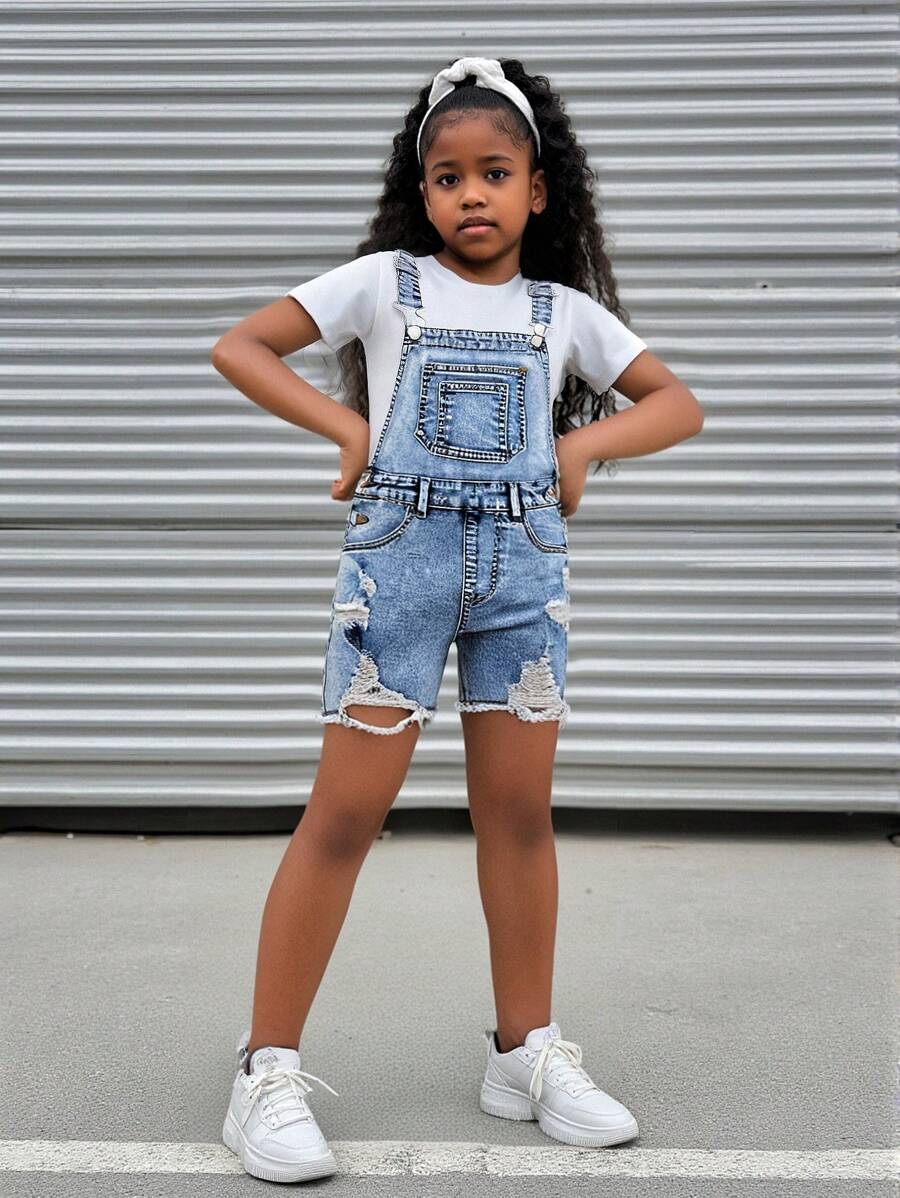 2pcs/Set Girls' Casual Ripped Distressed Denim Shorts With Suspenders, Comfortable Elastic& Soft, Street Style For Daily Wear, School, 2025 Spring Summer New Arrival All-Match Style Hot Item