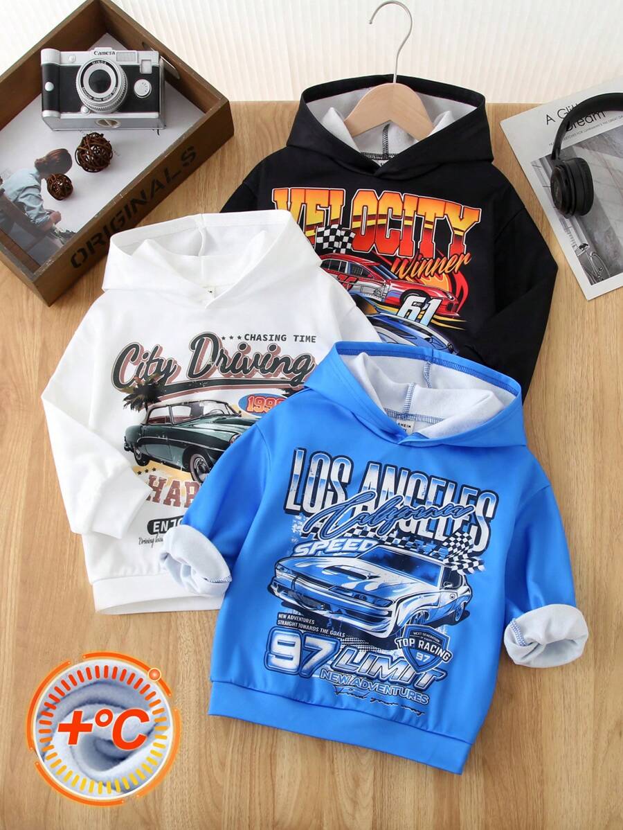 Young Boy 3buc/Set Casual Streetwear Loose Fit Car & Letter Graphic Print Hoodie, haine la modă Streetstyle pentru purtare zilnică, școală, Hangout, toamnă/iarnă