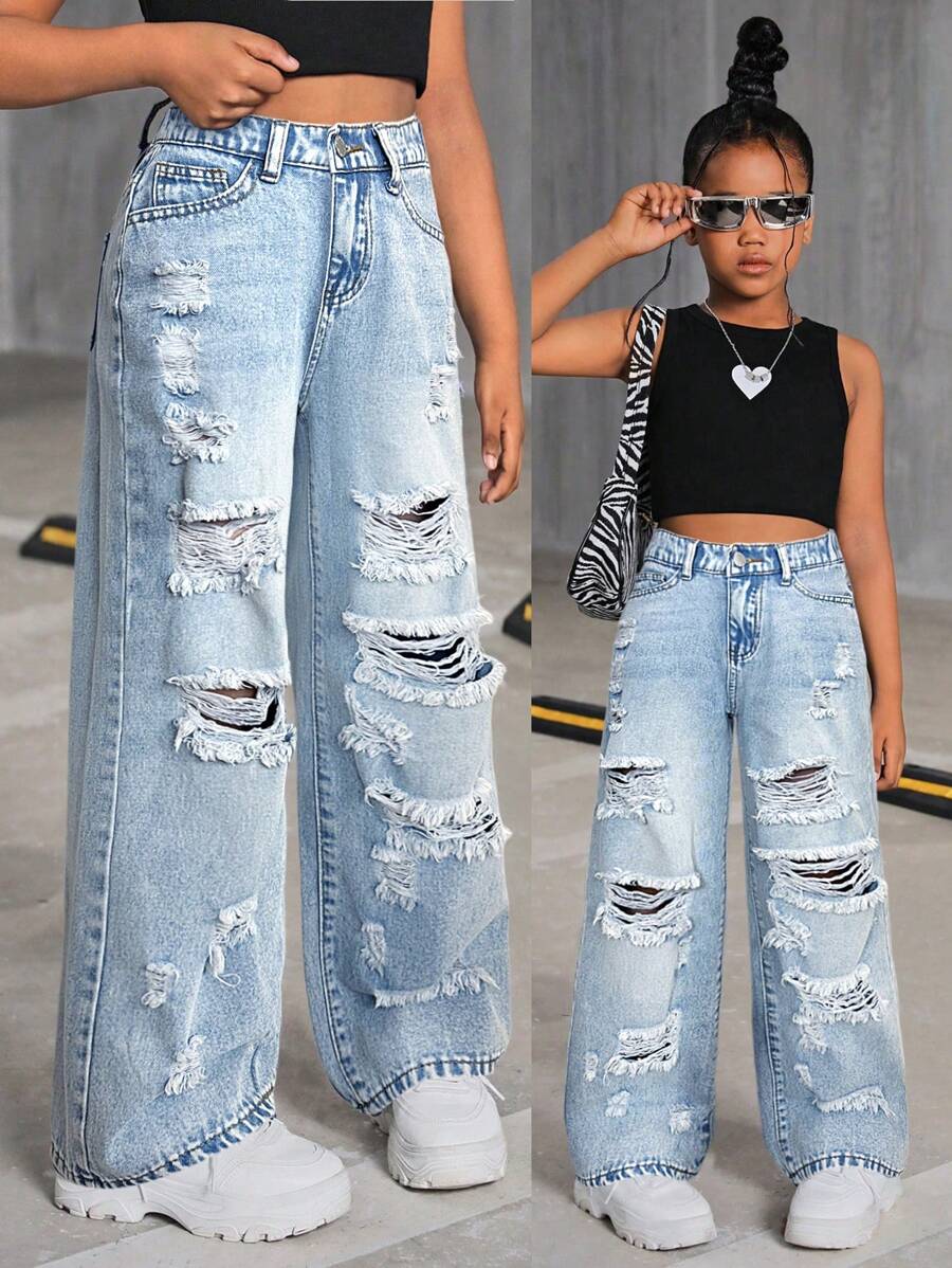SHEIN SLAYR KIDS Tween Girls Y2K Retro Washed High Waist Distressed Ripped Straight Leg Jeans, Tween Girl Back To School Causal Clothes Outfits