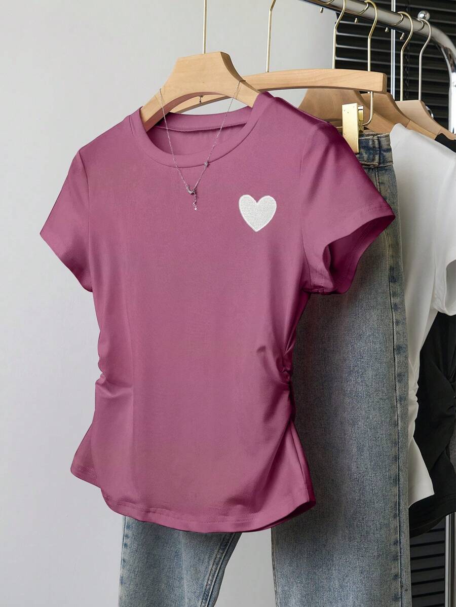 INAWLY Maglietta semplice e versatile da donna con ricamo a forma di cuore sulle maniche corte, adatta per l'estate