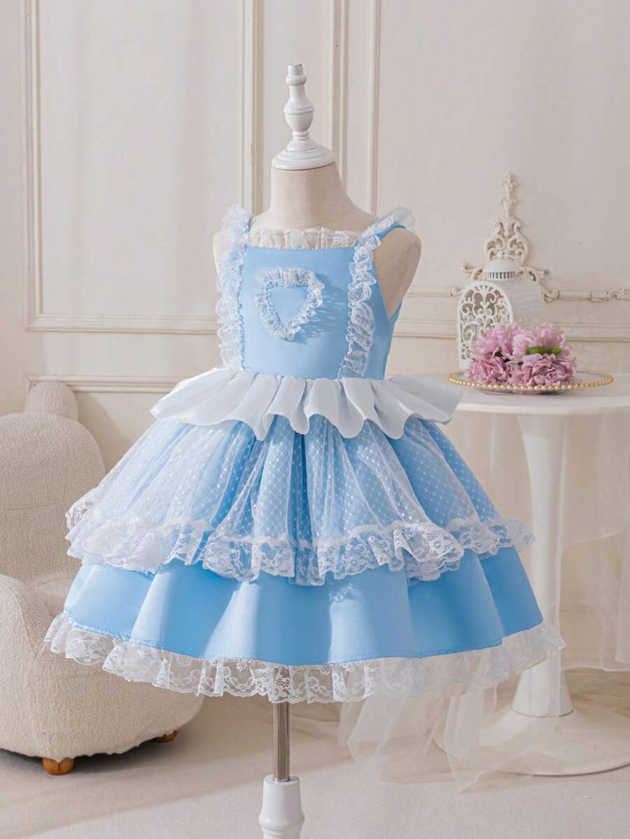 Glamorique Kids Invitată la nuntă Pageboy Fată de flori, Fetiță, Rochie de prințesă, Tiv din dantelă albastră fără mâneci, Țesătură din dantelă cu puncte, Țesătură cu textura satinată, Rochie superbă de petrecere de festival, Ocazie specială, Purtări zilnice, Spectacol pe scenă, Orientul Mijlociu, Europa și America