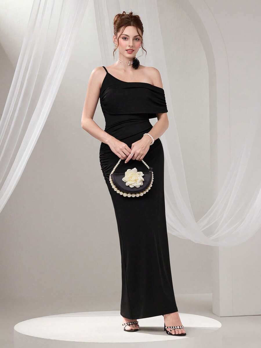 Poshira Elegante abito da cocktail da donna con collo asimmetrico e colore tinta unita
